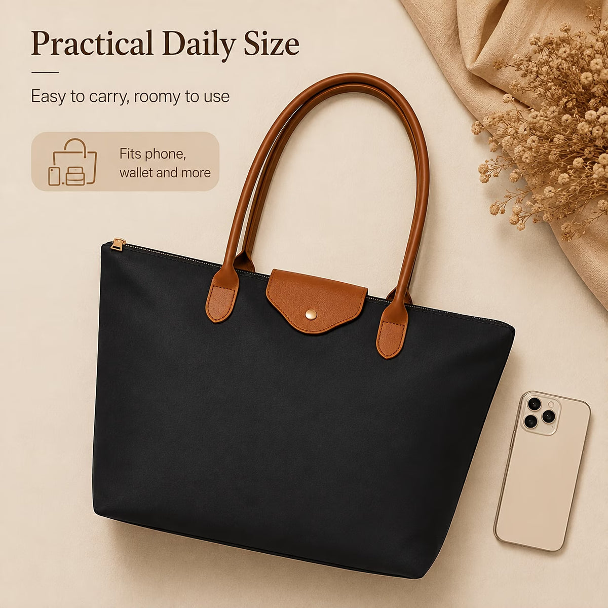 Women's Large Nylon Tote Bag with Zipper