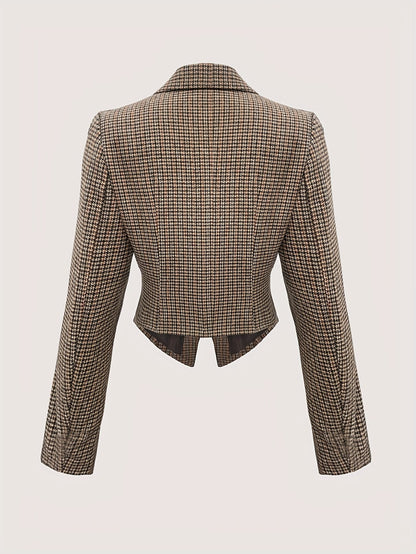 Women's Brown Tartan Structured Blazer with Single Button