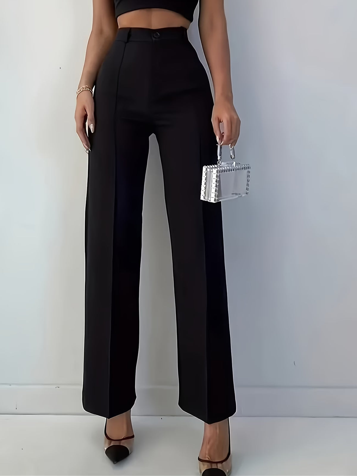 Women's Black High Waist Straight Leg Dress Trousers