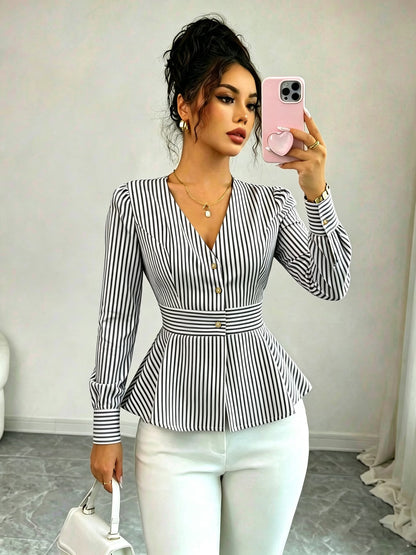 Women's Striped Blouse with Defined Waist and Gold Buttons