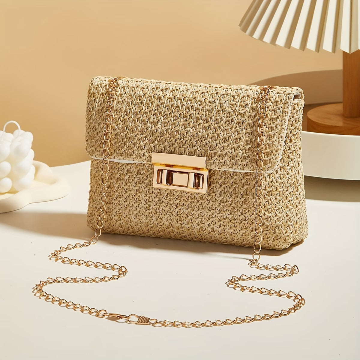Women's Woven Straw Shoulder Bag with Chain Strap