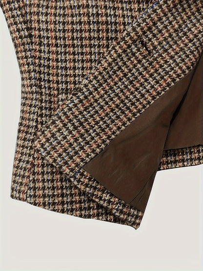 Women's Brown Tartan Structured Blazer with Single Button