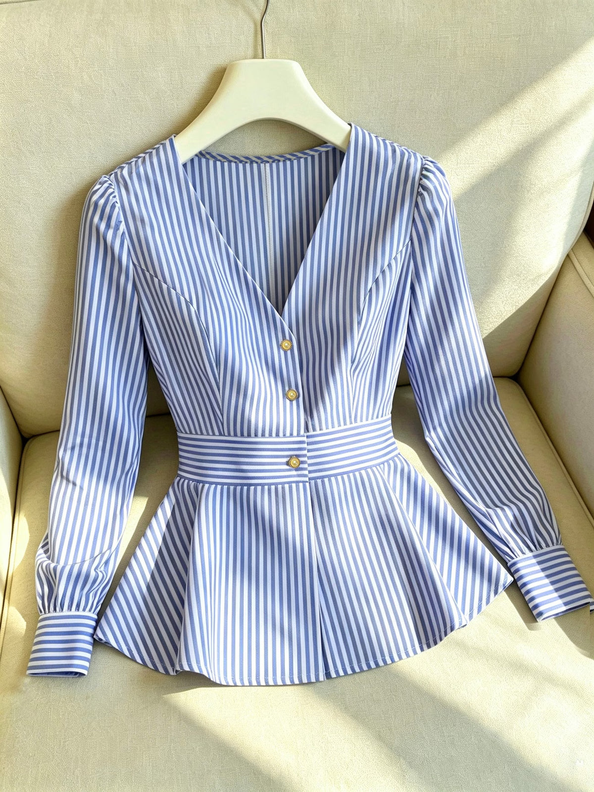 Women's Striped Blouse with Defined Waist and Gold Buttons