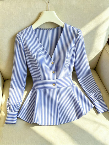 Women's Striped Blouse with Defined Waist and Gold Buttons
