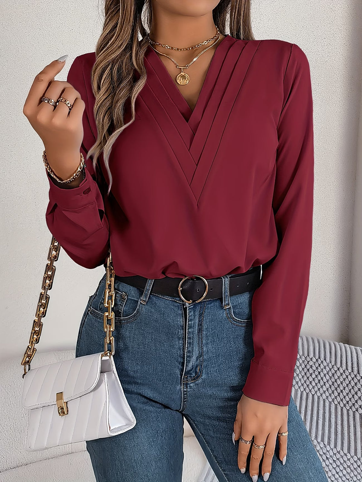 Women's Elegant V-Neck Blouse with Long Sleeves