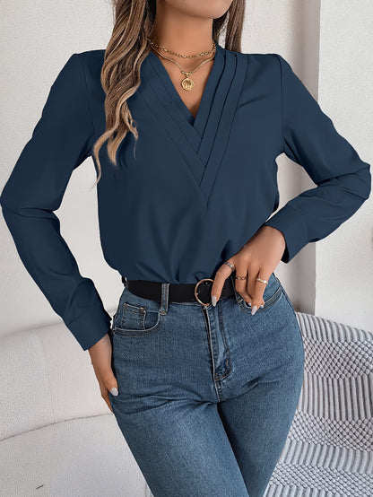 Women's Elegant V-Neck Blouse with Long Sleeves