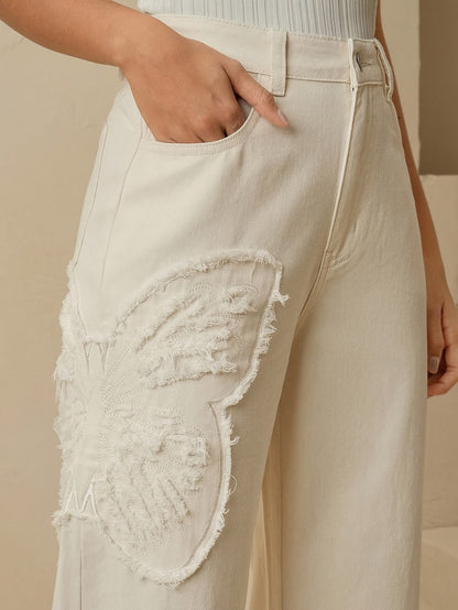 Women's High Waist Wide Leg Jeans with Butterfly Detail