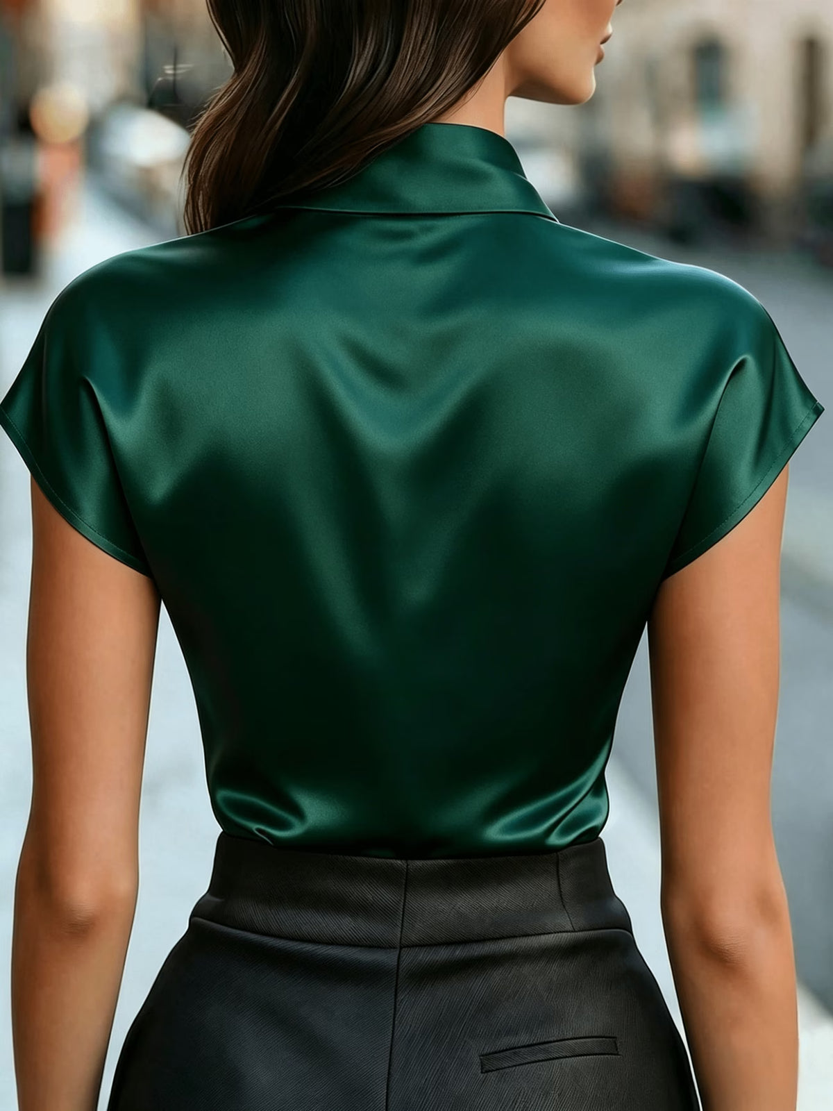 Women's Satin Blouse with Bow Detail and Short Sleeves
