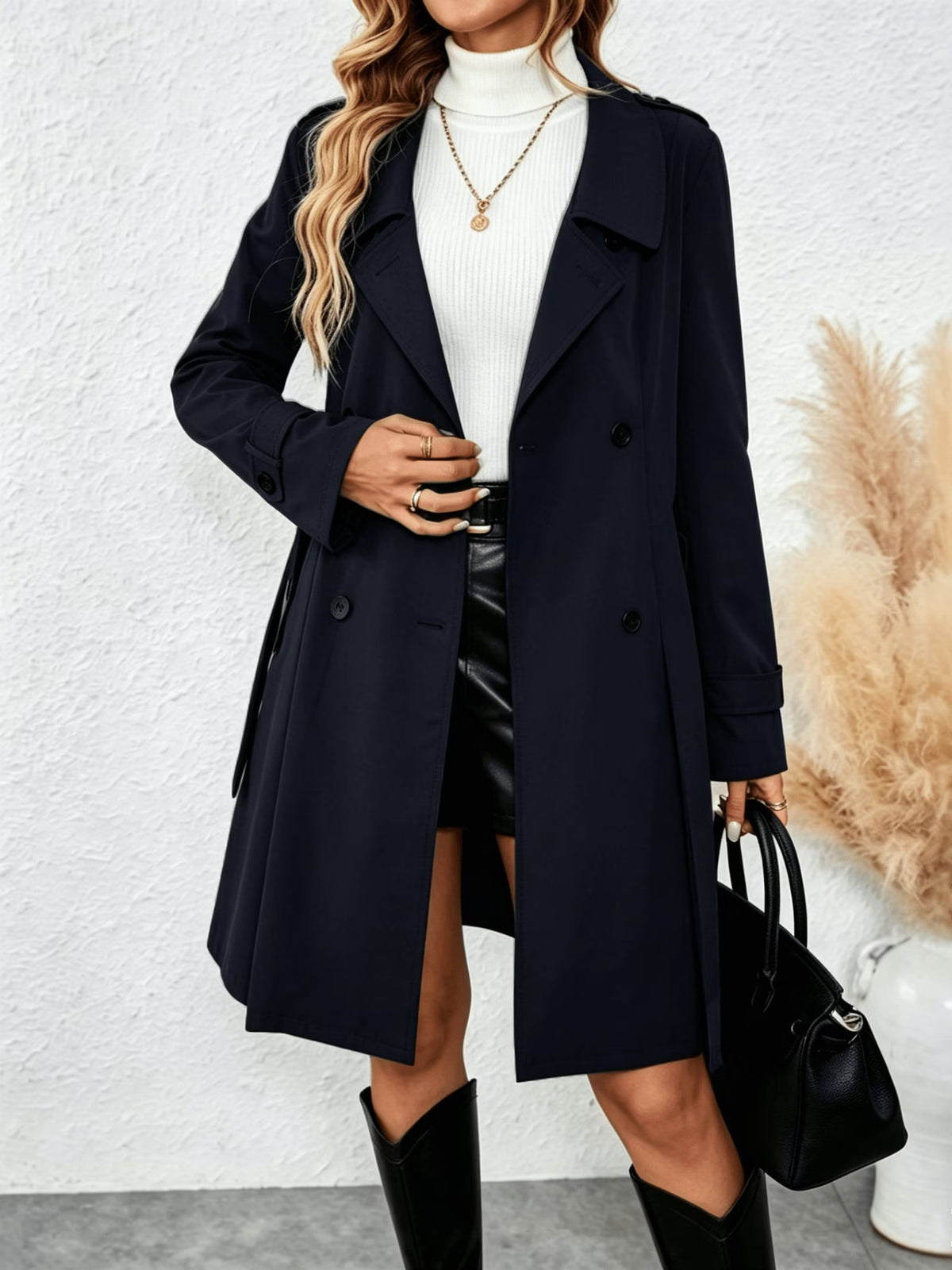 Women's Long Trench Coat with Belt and Buttons