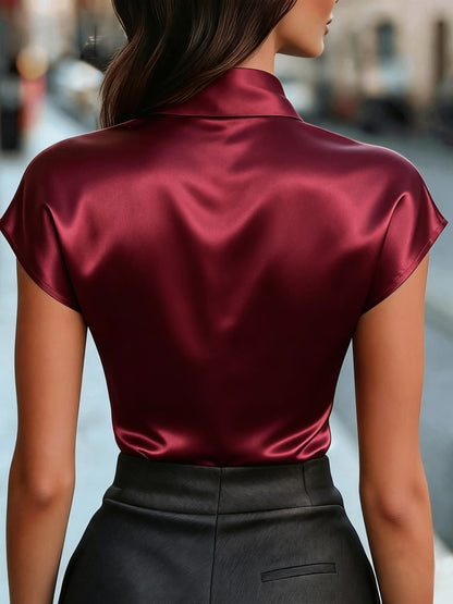 Women's Satin Blouse with Bow Detail and Short Sleeves