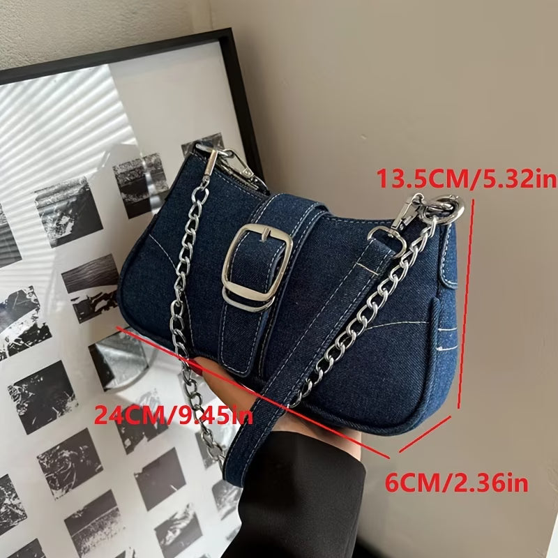 Women's Denim Shoulder Bag with Chain Strap