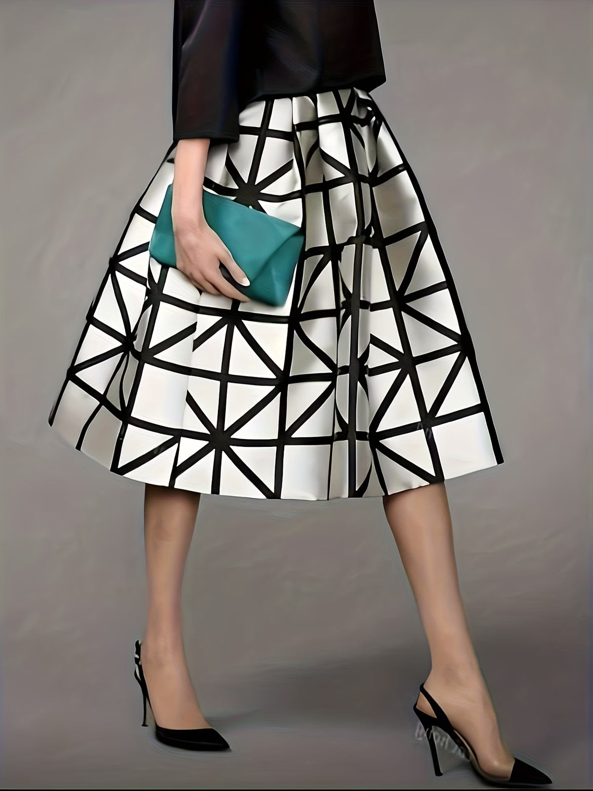 Women's Black Satin Midi Skirt with Geometric Print