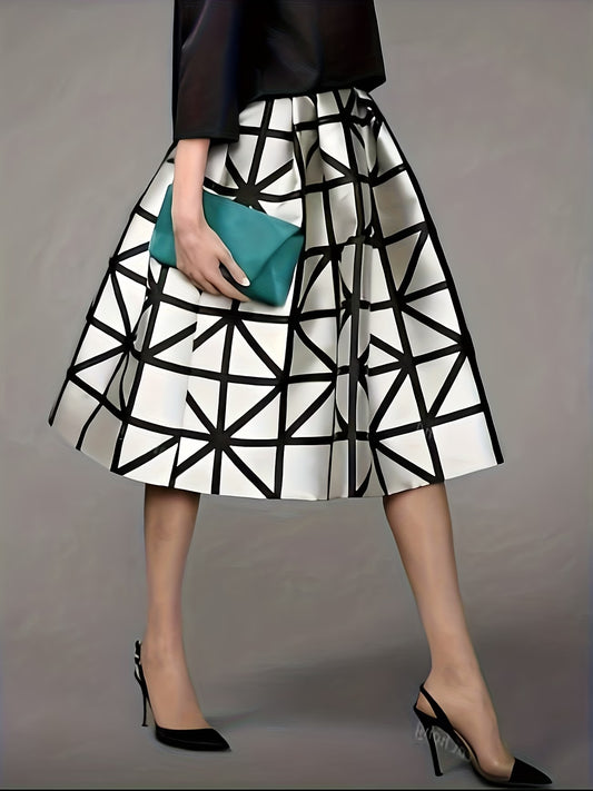 Women's Black Satin Midi Skirt with Geometric Print