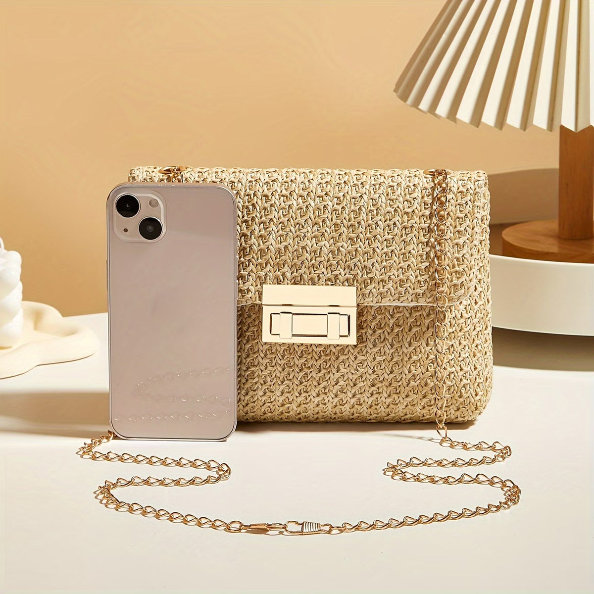Women's Woven Straw Shoulder Bag with Chain Strap