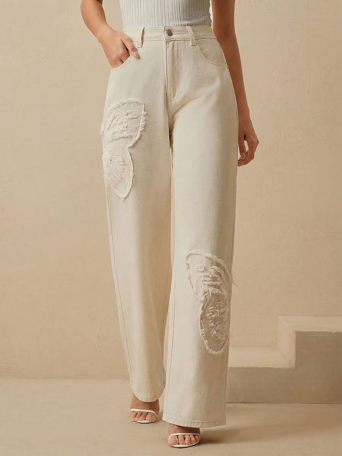 Women's High Waist Wide Leg Jeans with Butterfly Detail
