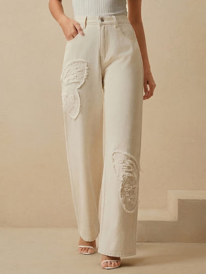 Women's High Waist Wide Leg Jeans with Butterfly Detail