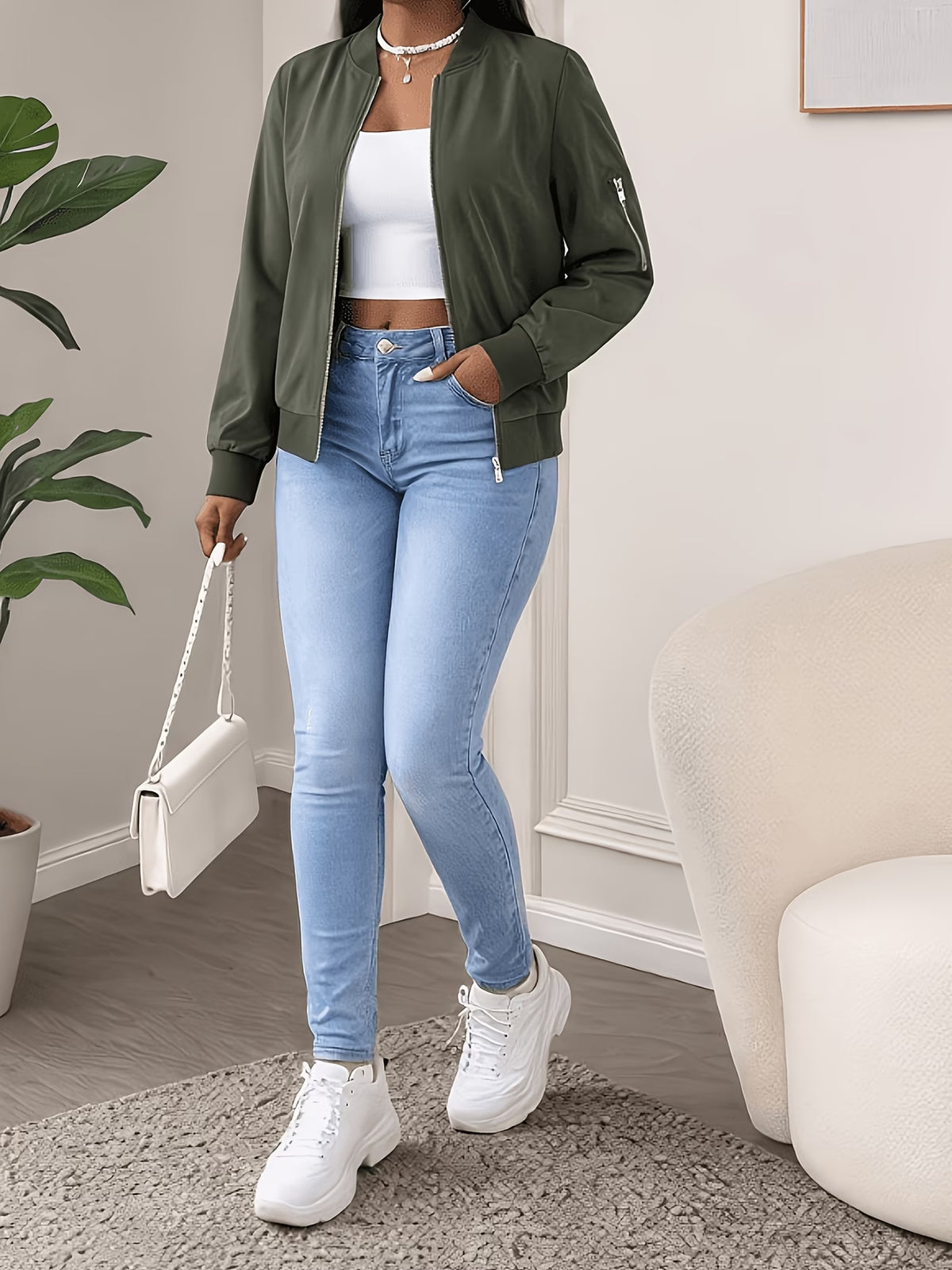 Women's Plus Size Bomber Jacket with Zipper and Soft Fabric