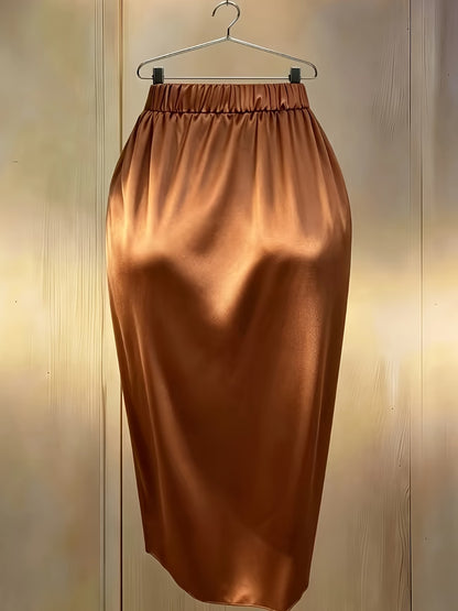 Plus Size Pleated Satin Midi Skirt with Front Slit