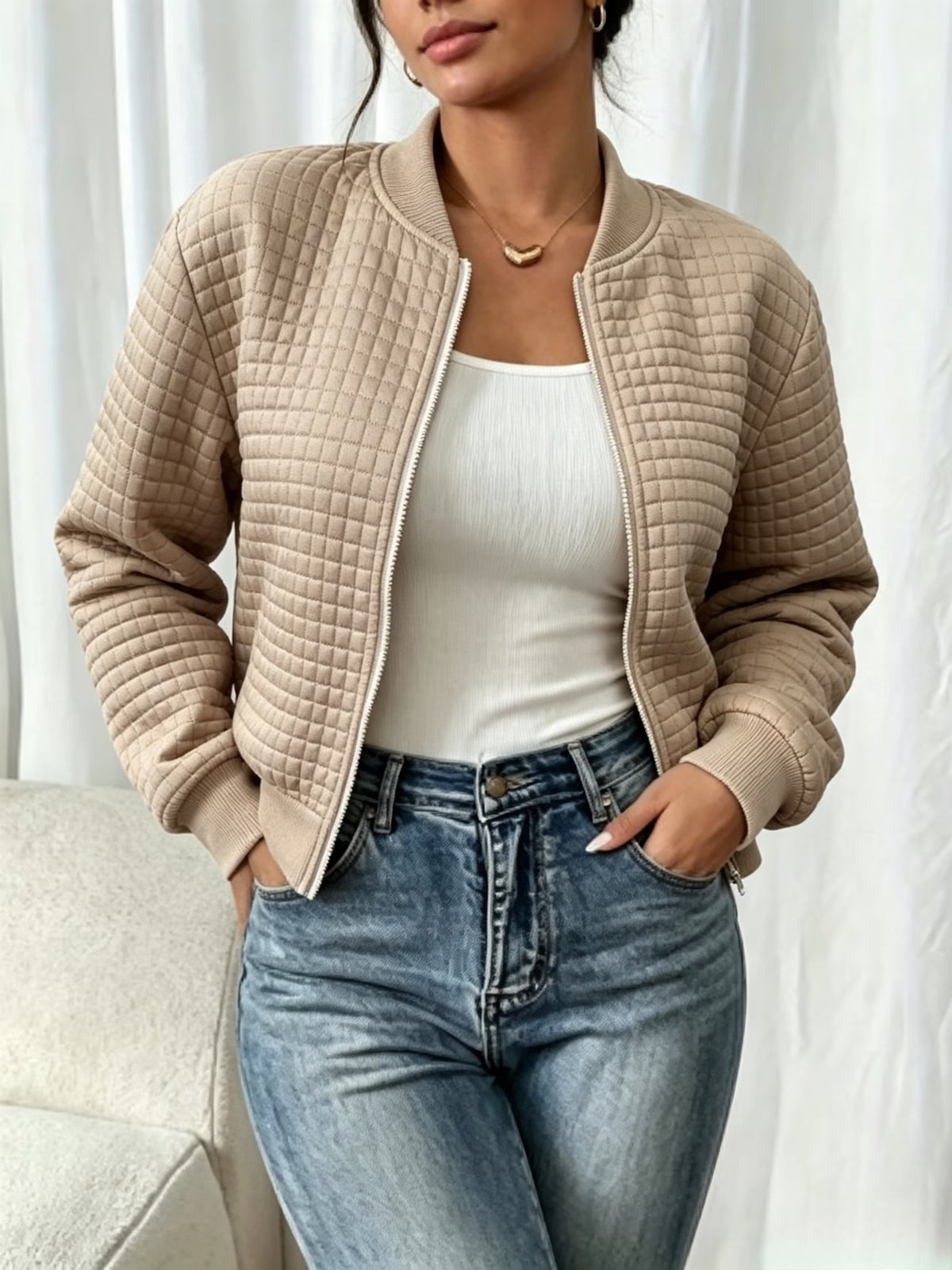 Women's Plaid High Neck Coat with Textured Finish
