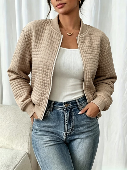 Women's Plaid High Neck Coat with Textured Finish