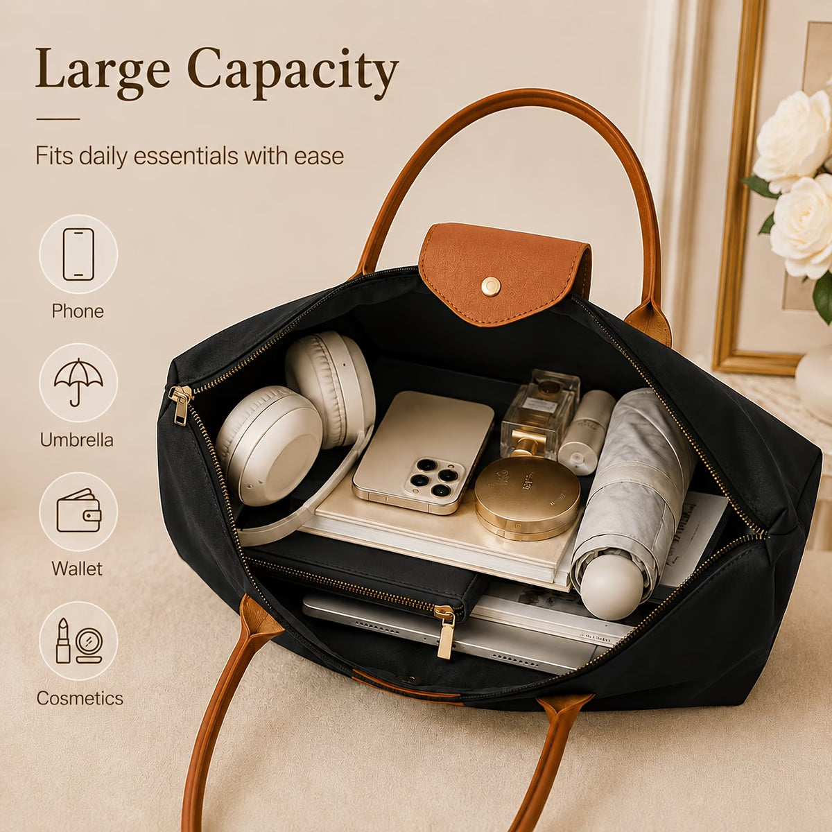 Women's Large Nylon Tote Bag with Zipper