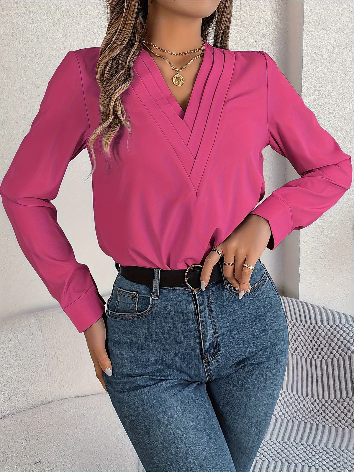 Women's Elegant V-Neck Blouse with Long Sleeves