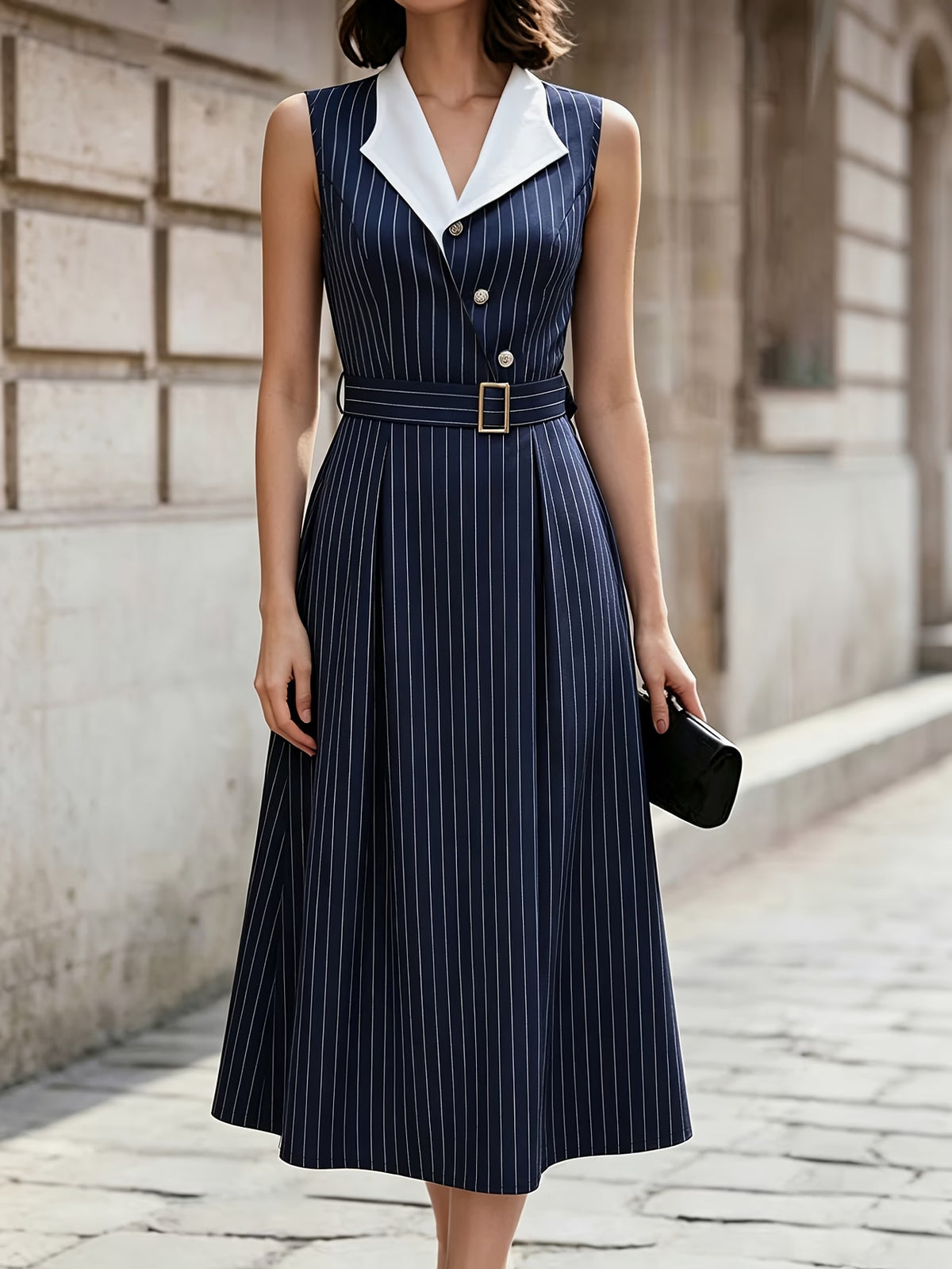 Women's Striped Midi Dress with Belt and Blazer Collar