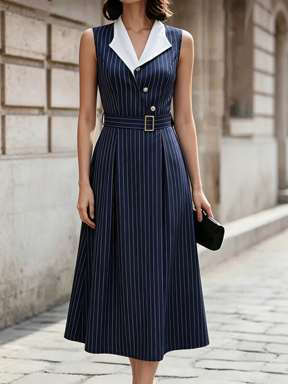 Women's Striped Midi Dress with Belt and Blazer Collar