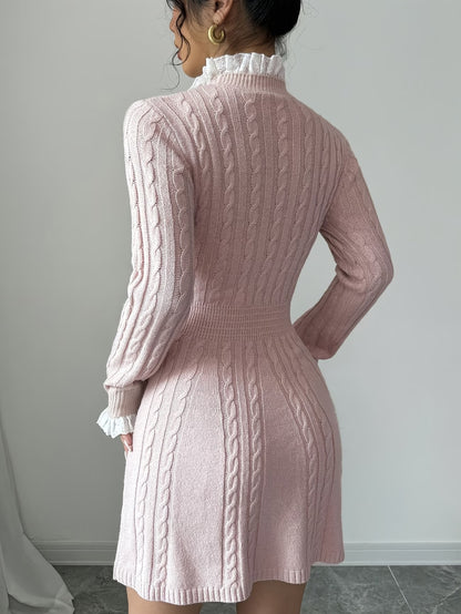 Women's Pink Sweater Dress with Lace and Twisted Braid Detail