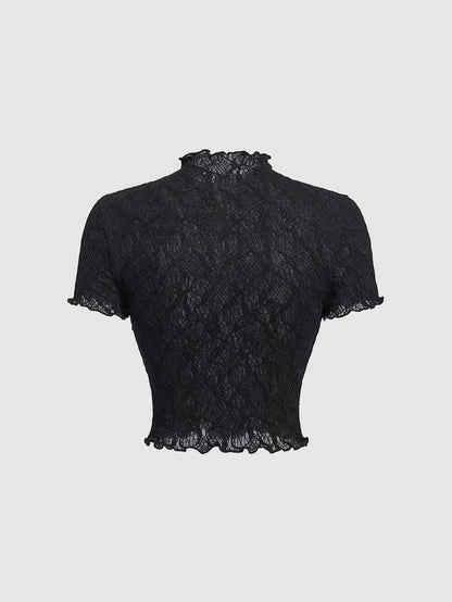 T-Shirt Feminina em Tule Floral com Renda Romântica