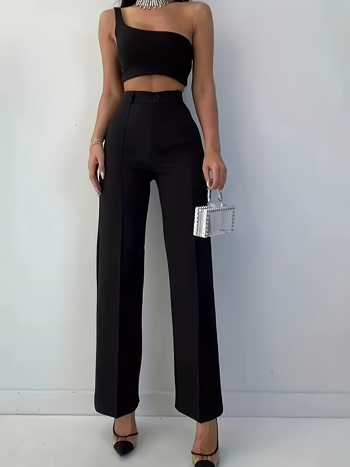 Women's Black High Waist Straight Leg Dress Trousers