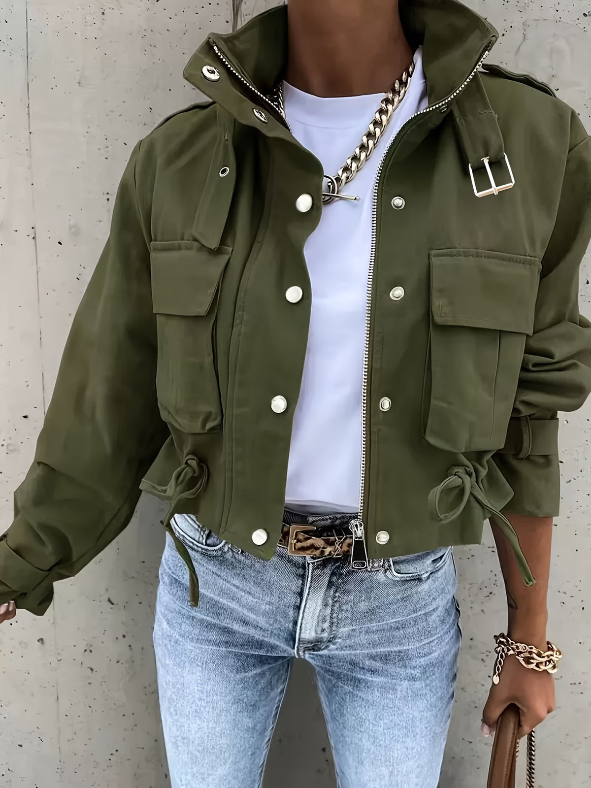 Women's Biker Jacket with Zipper, Lapel, and Pockets