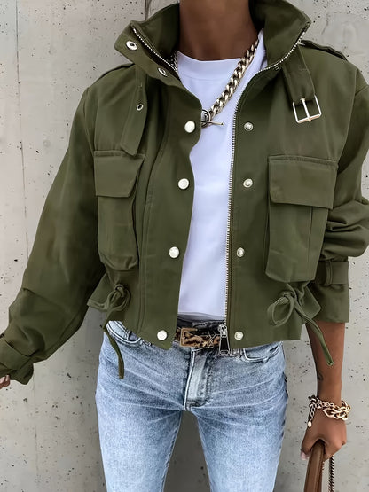 Women's Biker Jacket with Zipper, Lapel, and Pockets