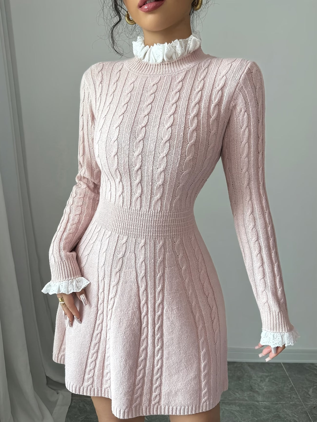 Women's Pink Sweater Dress with Lace and Twisted Braid Detail