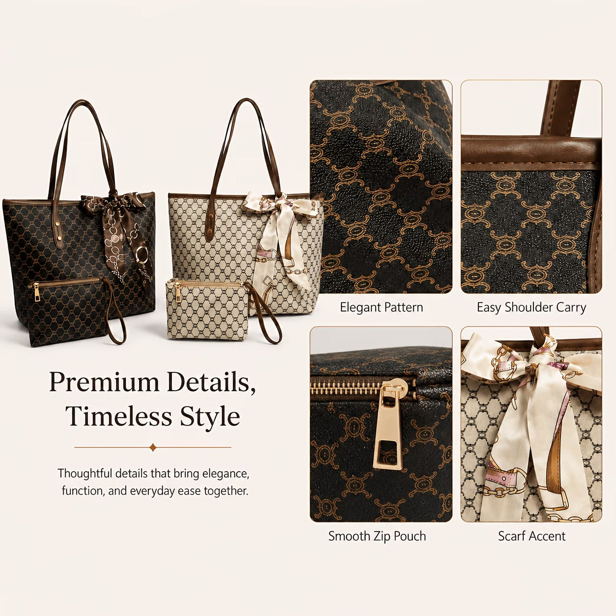 Women's 3-Piece PU Set with Tote Bag, Shoulder Bag, and Clutch