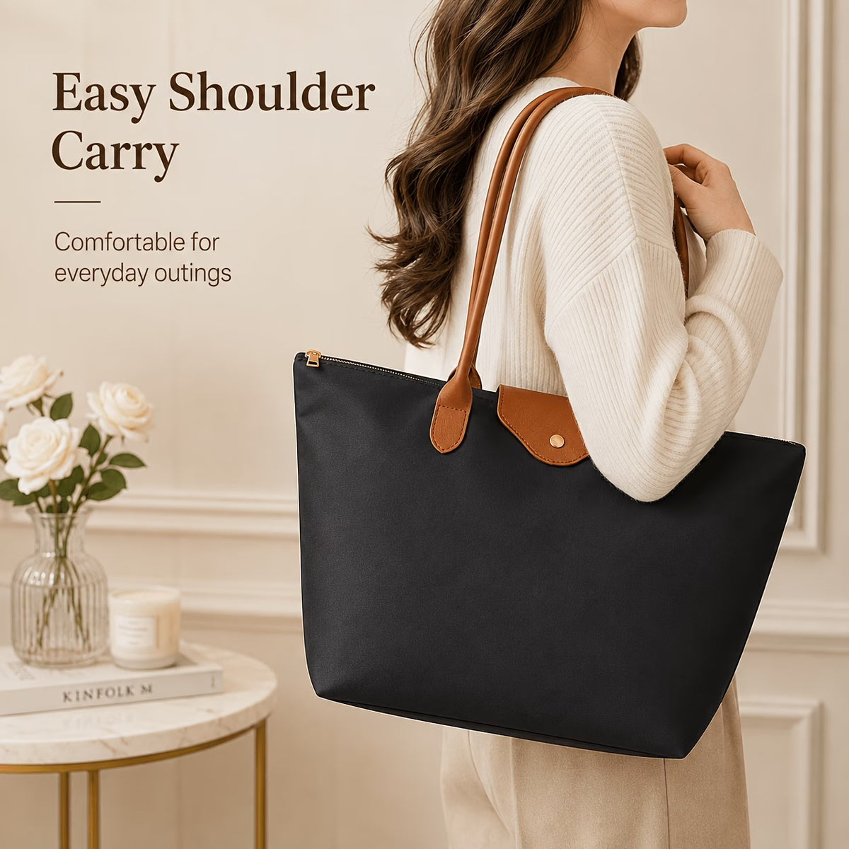 Women's Large Nylon Tote Bag with Zipper