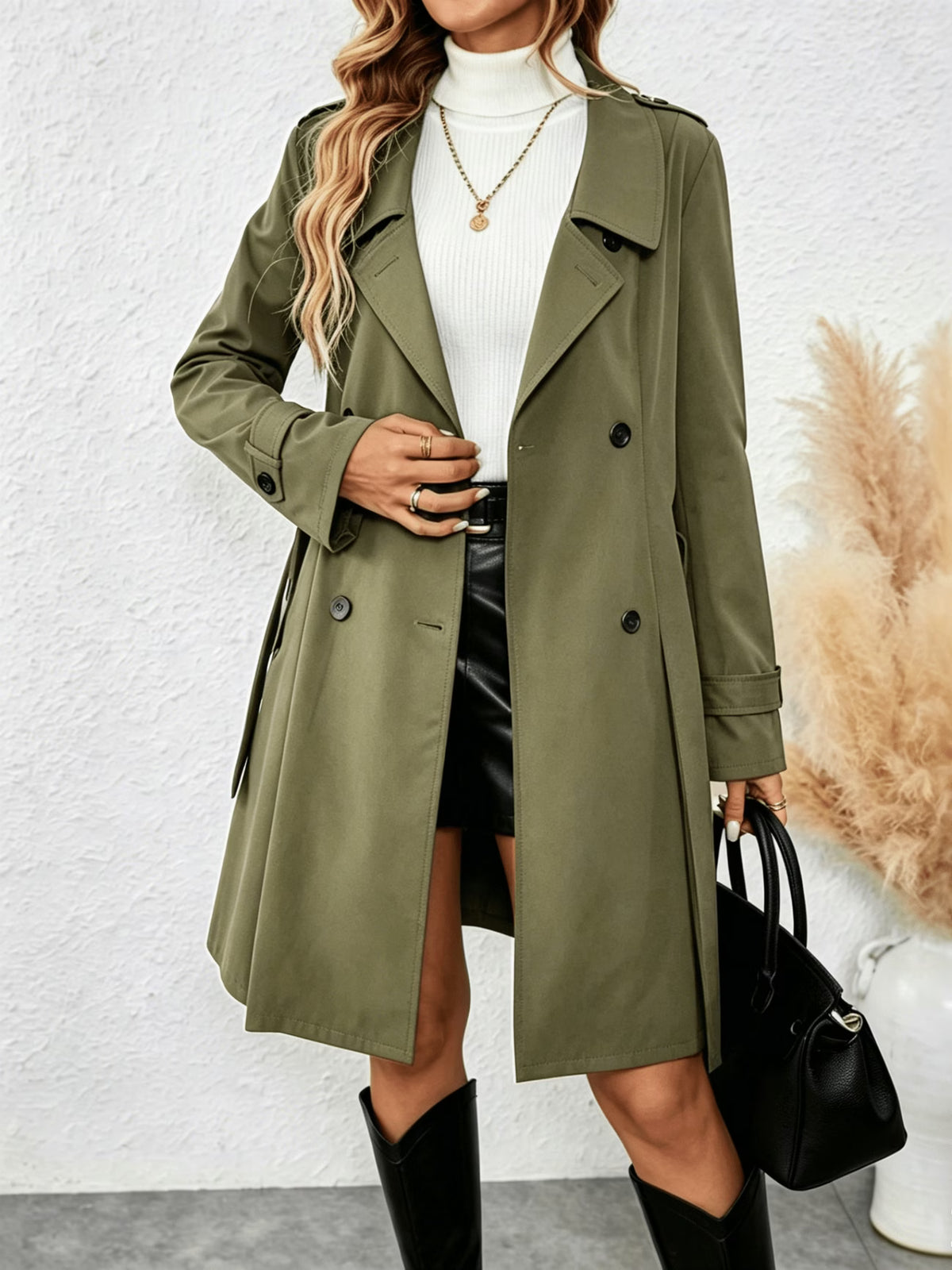 Women's Long Trench Coat with Belt and Buttons