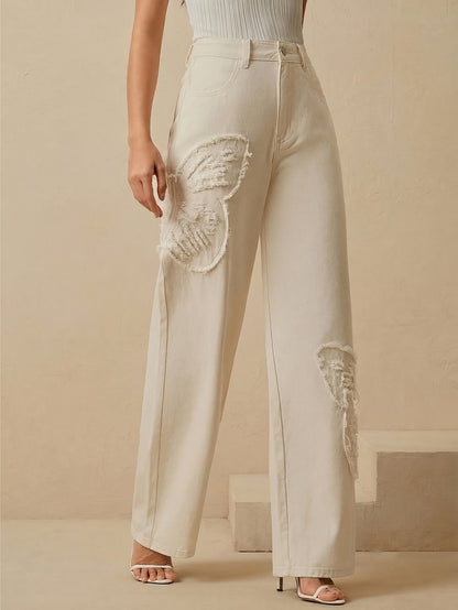 Women's High Waist Wide Leg Jeans with Butterfly Detail