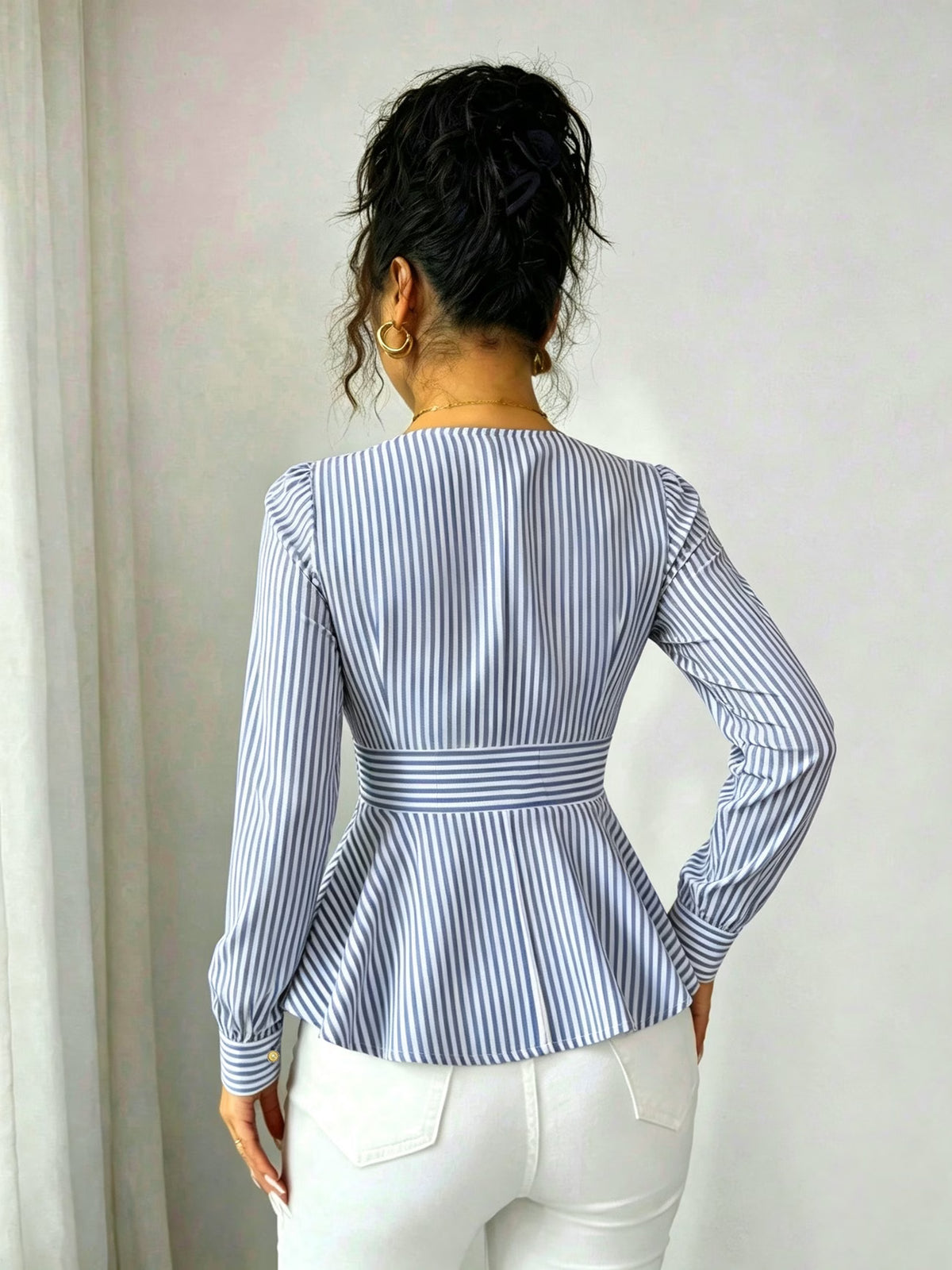Women's Striped Blouse with Defined Waist and Gold Buttons