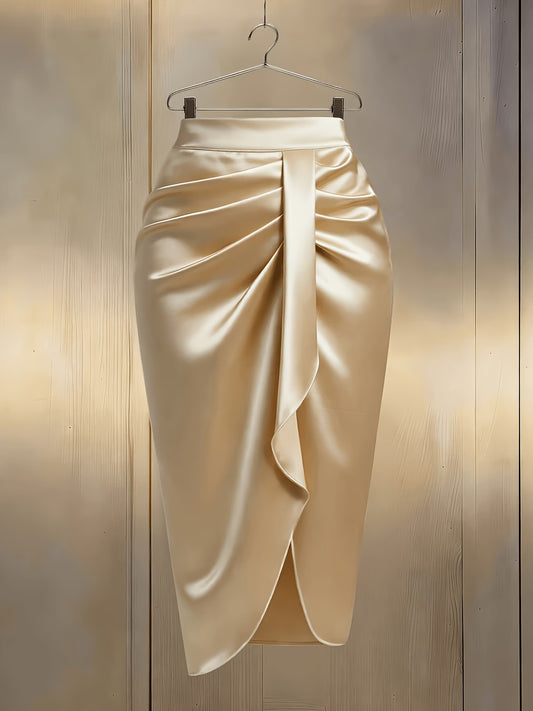 Plus Size Pleated Satin Midi Skirt with Front Slit