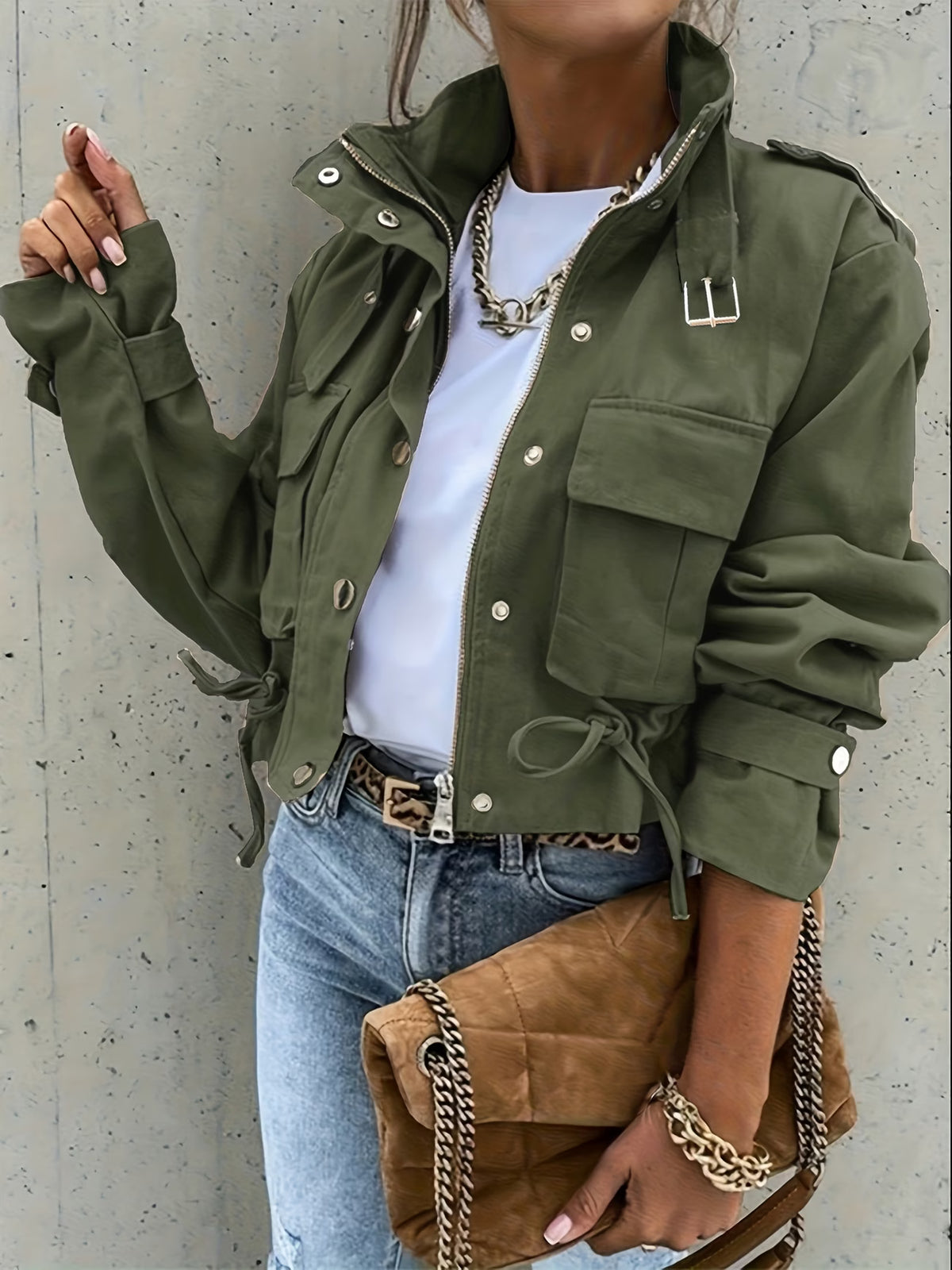 Women's Biker Jacket with Zipper, Lapel, and Pockets