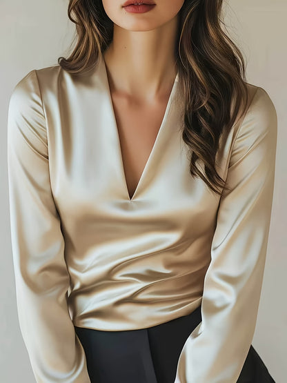 Women's Satin Blouse with V-Neck and Long Sleeves