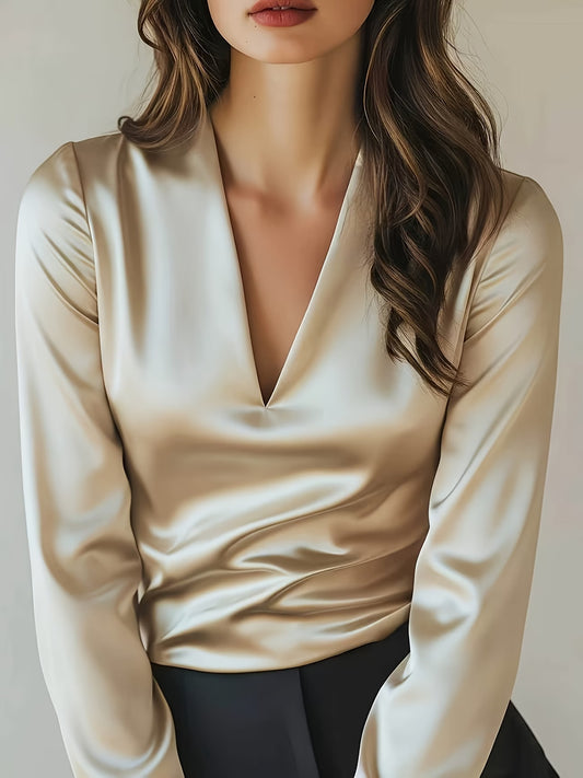 Women's Satin Blouse with V-Neck and Long Sleeves