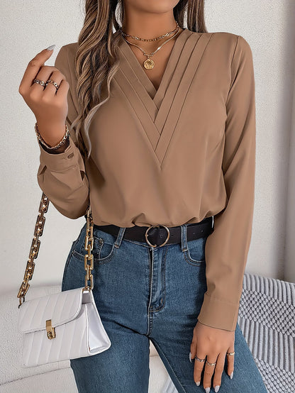 Women's Elegant V-Neck Blouse with Long Sleeves