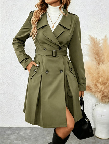 Women's Long Trench Coat with Belt and Buttons