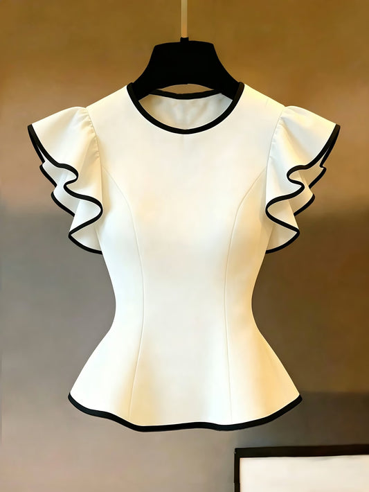 Women's Fitted Blouse with Ruffles and Contrast Trim