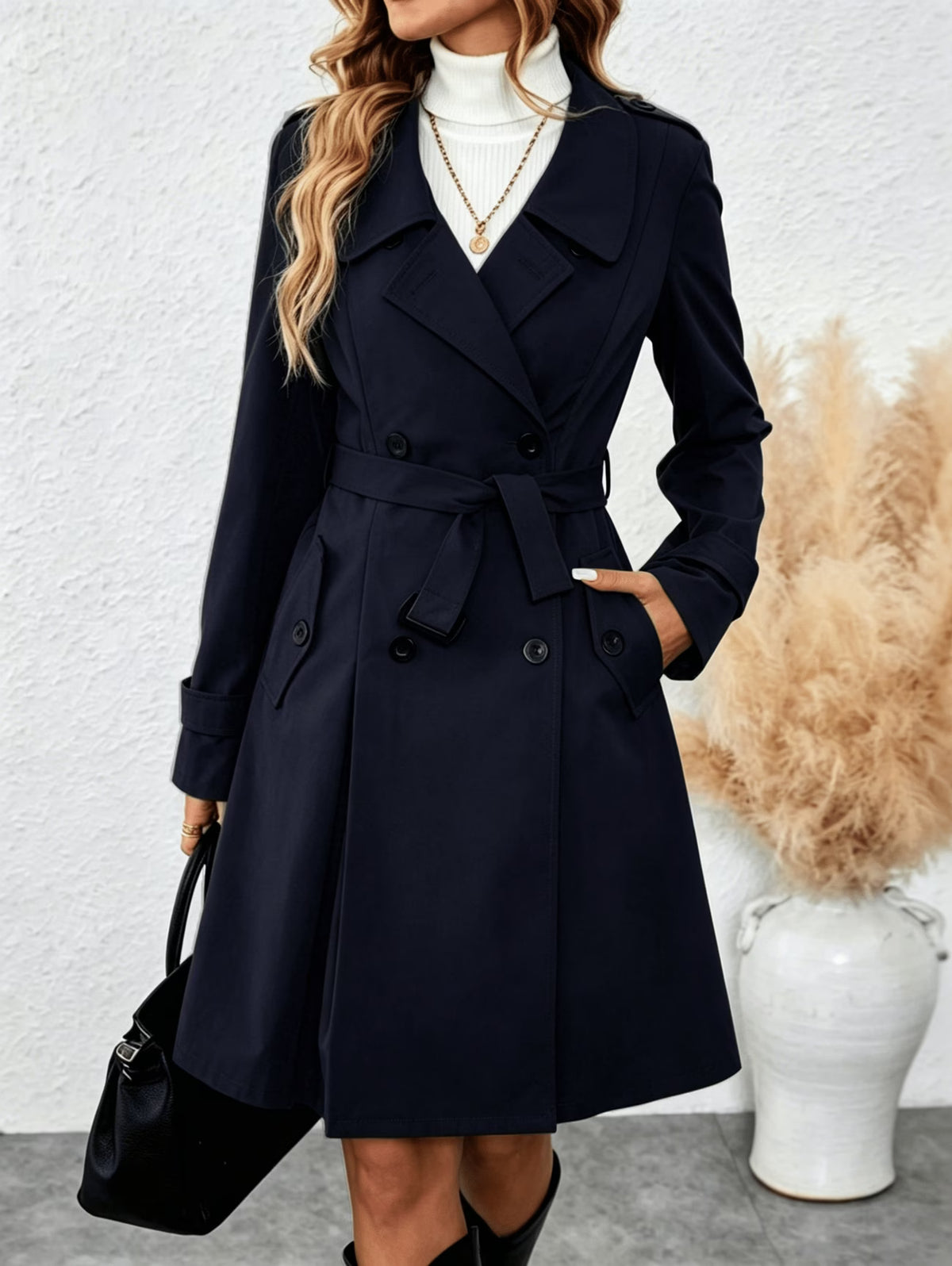 Women's Long Trench Coat with Belt and Buttons