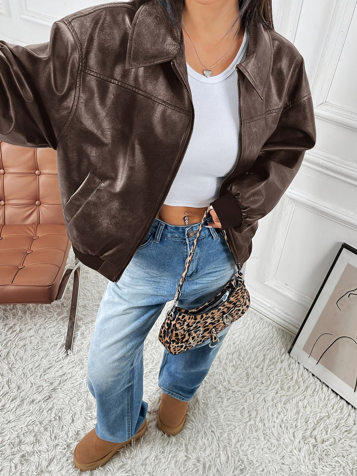Women's Vintage Jacket with Zipper, Lapel, and Ribbed Cuffs