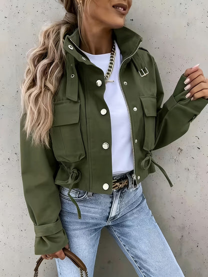 Women's Biker Jacket with Zipper, Lapel, and Pockets