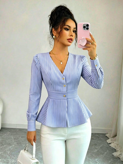 Women's Striped Blouse with Defined Waist and Gold Buttons